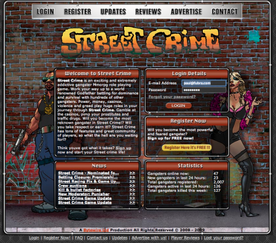 Screen shot of Street Crime home page.