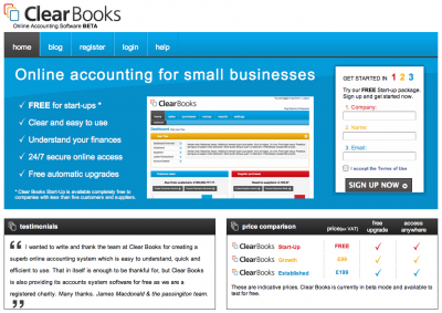 Screenshot of Clear Books home page.